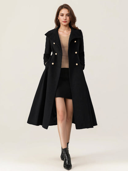 Woolen Flared Coat For Woman Stand Collar Dark Navy Vintage Double-breasted Winter Midi Outerwear 2026