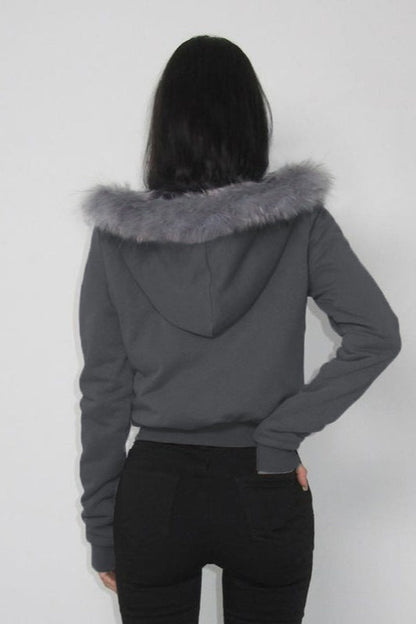 Fur Trim Hooded Zip Waist Jacket