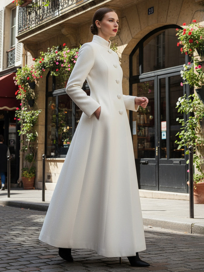 White Woolen Full-Length Coat With Stand Collar And A-Line Silhouette For Women 2026
