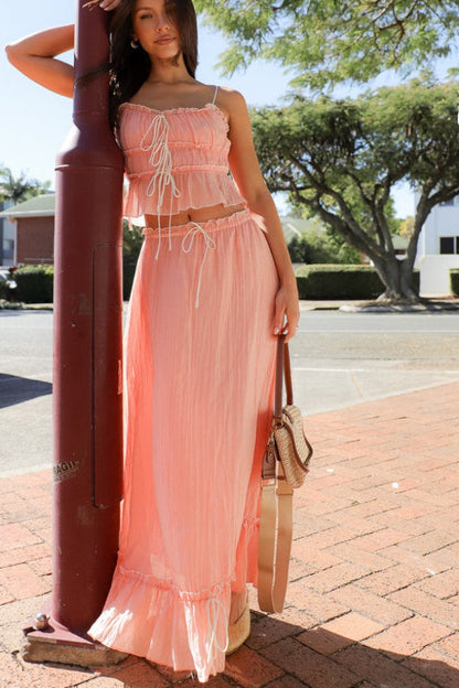 Bow Detail Cami Top Ruched Skirt Set