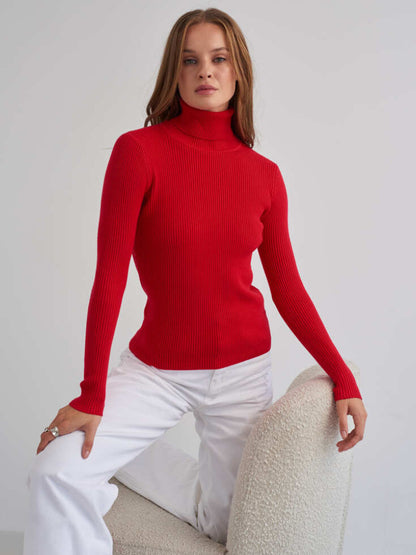 Pullovers For Women Khaki High Collar Long Sleeves Acrylic Sweaters