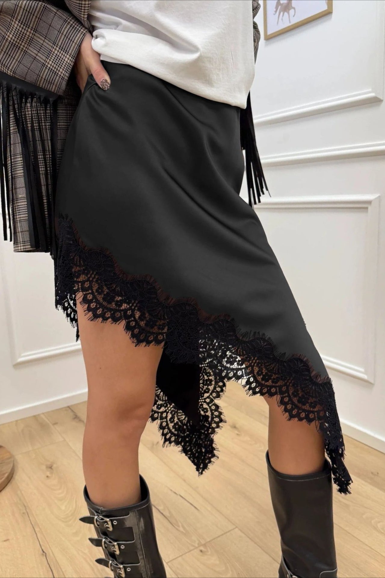 Satin Lace Asymmetric Split Slim A-Line Mini Skirt