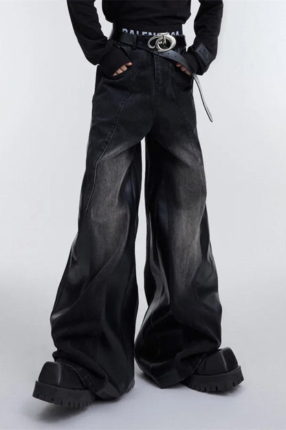 Wide Leg PU Leather Patchwork Jeans