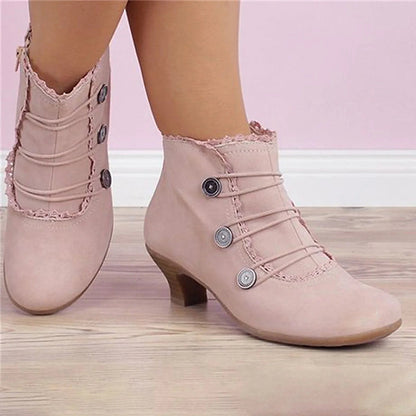 Retro Lace Round Buckle Low Heel Martin Boots