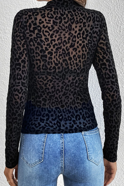 Black Leopard Stand Neck Sexy Long Sleeve Mesh Top