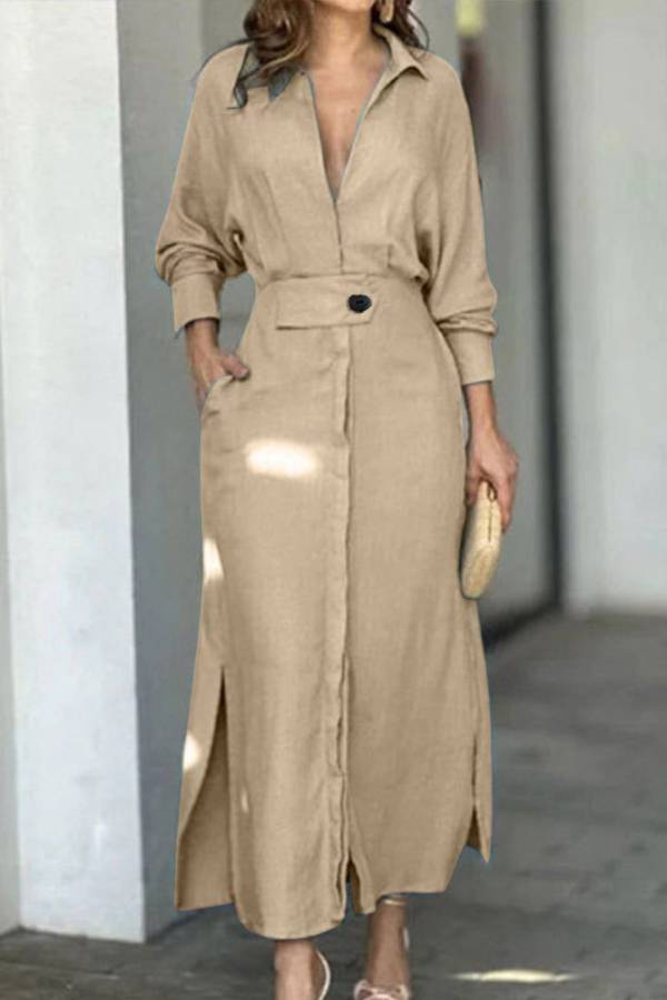 Full-Sleeve V Neck Belt Button Pocket Midi Dress