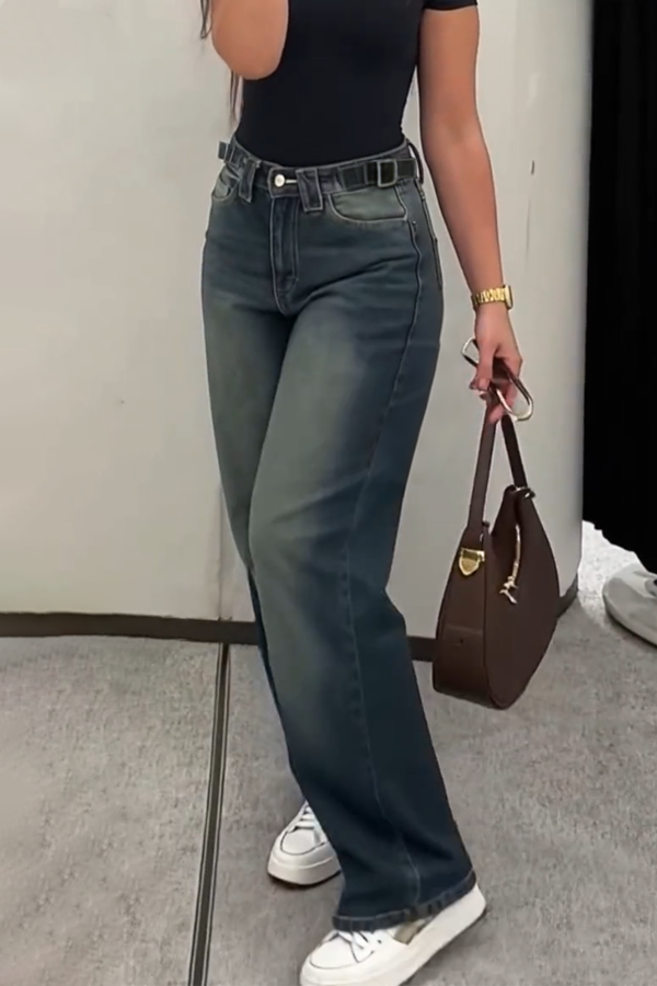 Stylish High-waisted Loose-fitting Pocket Casual Straight-leg Wide-leg Jeans