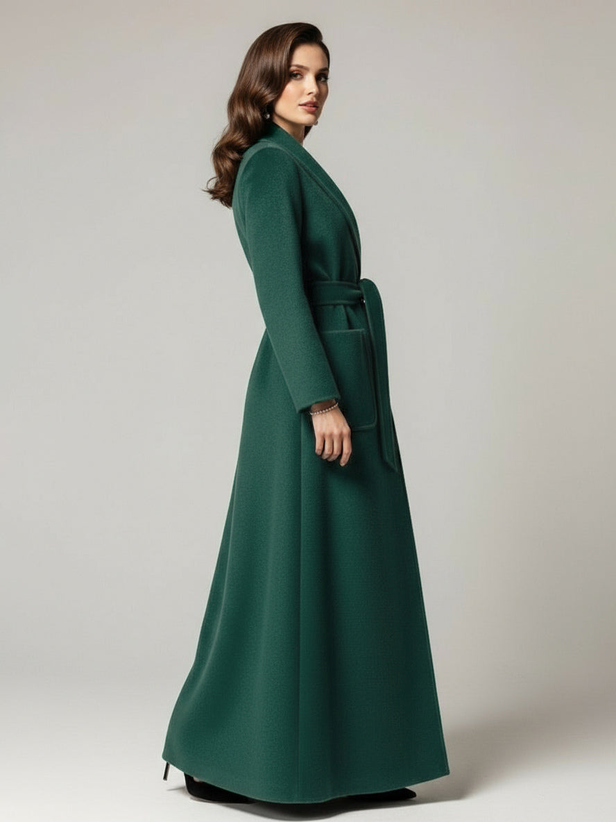 Belted Woolen Full-Length Maxi Coat With Wide Shawl Collar For Women 2026