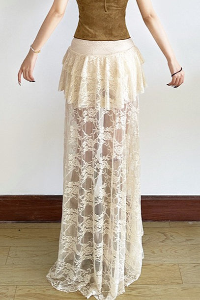Lace Mesh High Waist Slit Skirt