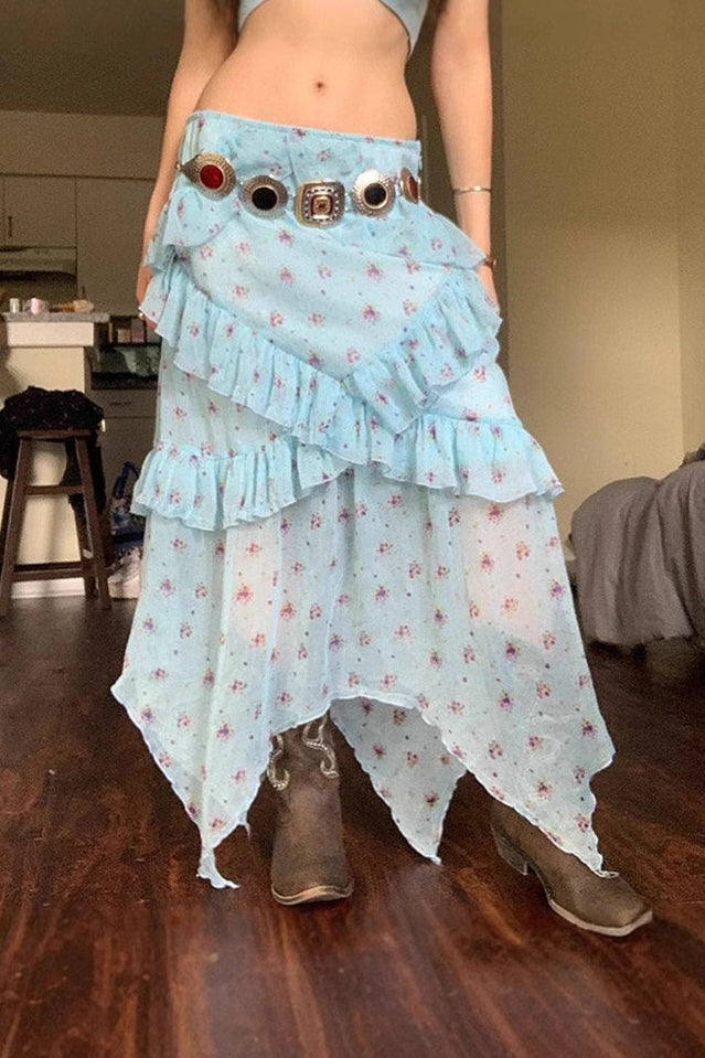 Sheer Floral Low Waist Asymmetrical Ruffle A Line Skirt