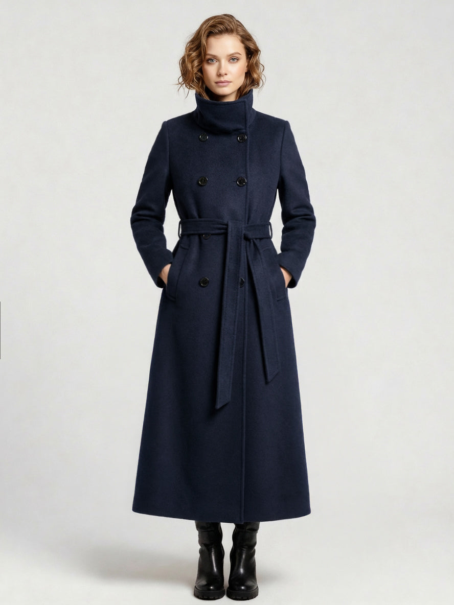 Belted Long Woolen coat with Double-breasted and high collar For Women 2026