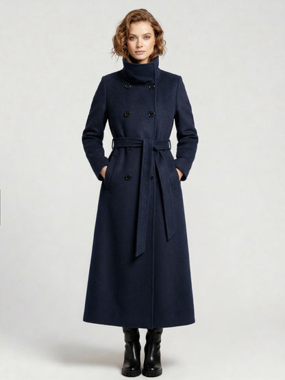 Belted Long Woolen coat with Double-breasted and high collar For Women 2026