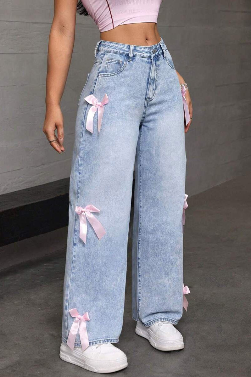 Y2K Bow Applique Washed Relaxed Jeans