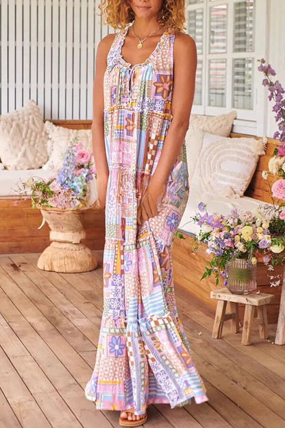 Flower Puzzle Round Neck Long Dress