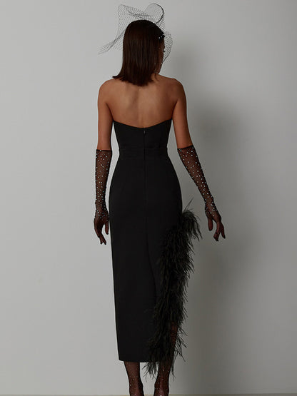 Bodycon Dress Feather Trim Off The Shoulder Asymmetrical Party Club Dresses