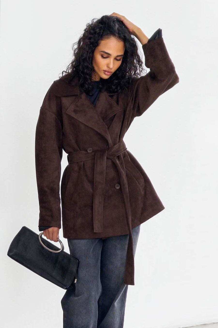 Vintage Brown Suede Tie Waist Overcoat