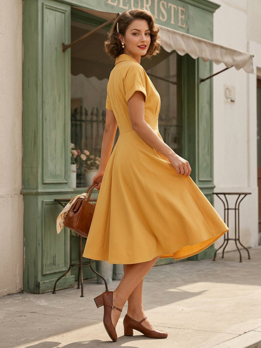 Vintage Glamour Dress Turndown Collar Buttons 1950s Style Short Sleeves Medium Yellow Rockabilly Dress