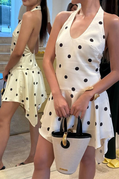Halter Neck Polka Dot Handkerchief Hem Tiered Ruffle Backless Mini Dress
