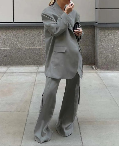 Grey Pocket Shirt Cargo Pants Office Two Piece Set