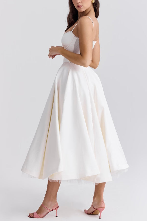 Lace Trim Sweetheart Corset Bodice Tulle Petticoat Fit and Flare Midi Dress
