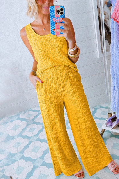Yellow Crinkled U Neck Tank and Wide Leg Pants Set