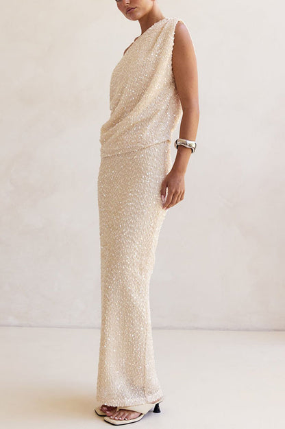 Milla Knit Sequin High Rise Side Zipper Slit Straight Maxi Skirt