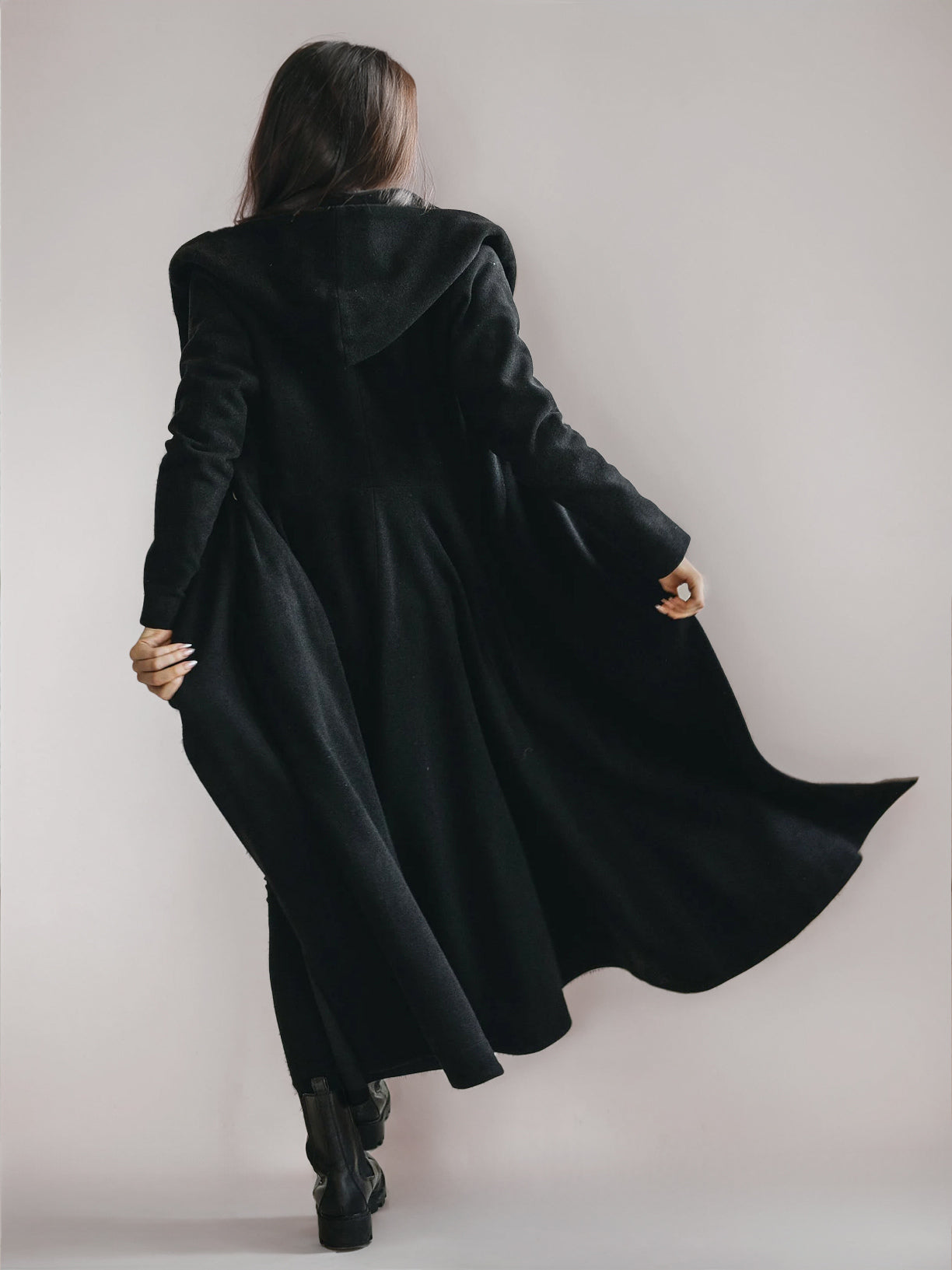 Woolen Flared Coat With Hood Vintage Belted A-line Winter Long Outerwear For Women 2026