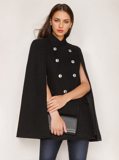 Woolen Poncho Coat Stand Collar Double Breasted Women Cape Outerwear