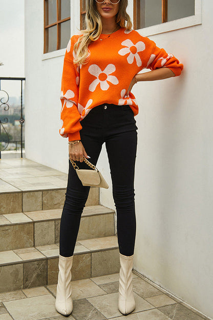 Floral Print Color Block Pullover Long Sleeve Sweater