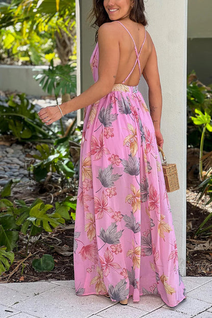 PINK PRINTED MAXI DRESS WITH SLIT