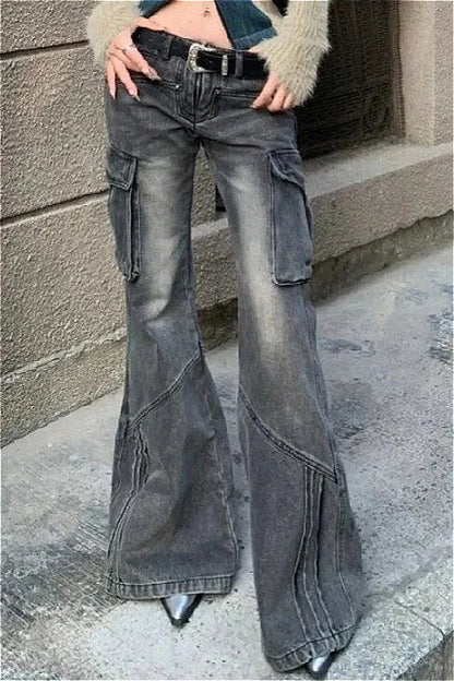 Black Pocket Design Low Waist Workwear Jeans