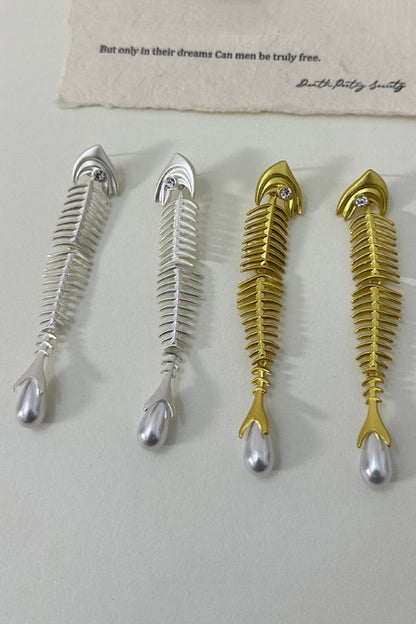 Personalized Fishbone Diamond Pearl Pendant Earrings