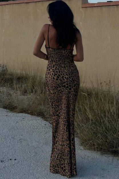Leopard Off Shoulder Tie Back Maxi Dress