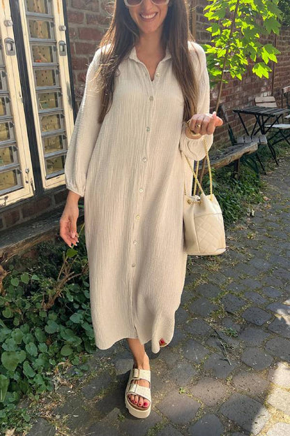 White Textured Turn Down Collar Long Shirt Dress