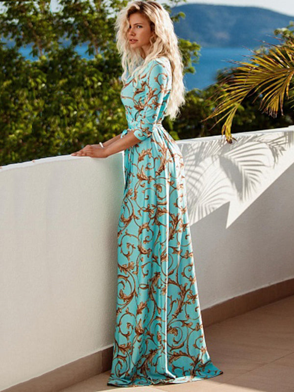 Women Maxi Dress Printed Half Sleeves Split Floor Length Wrap Dress