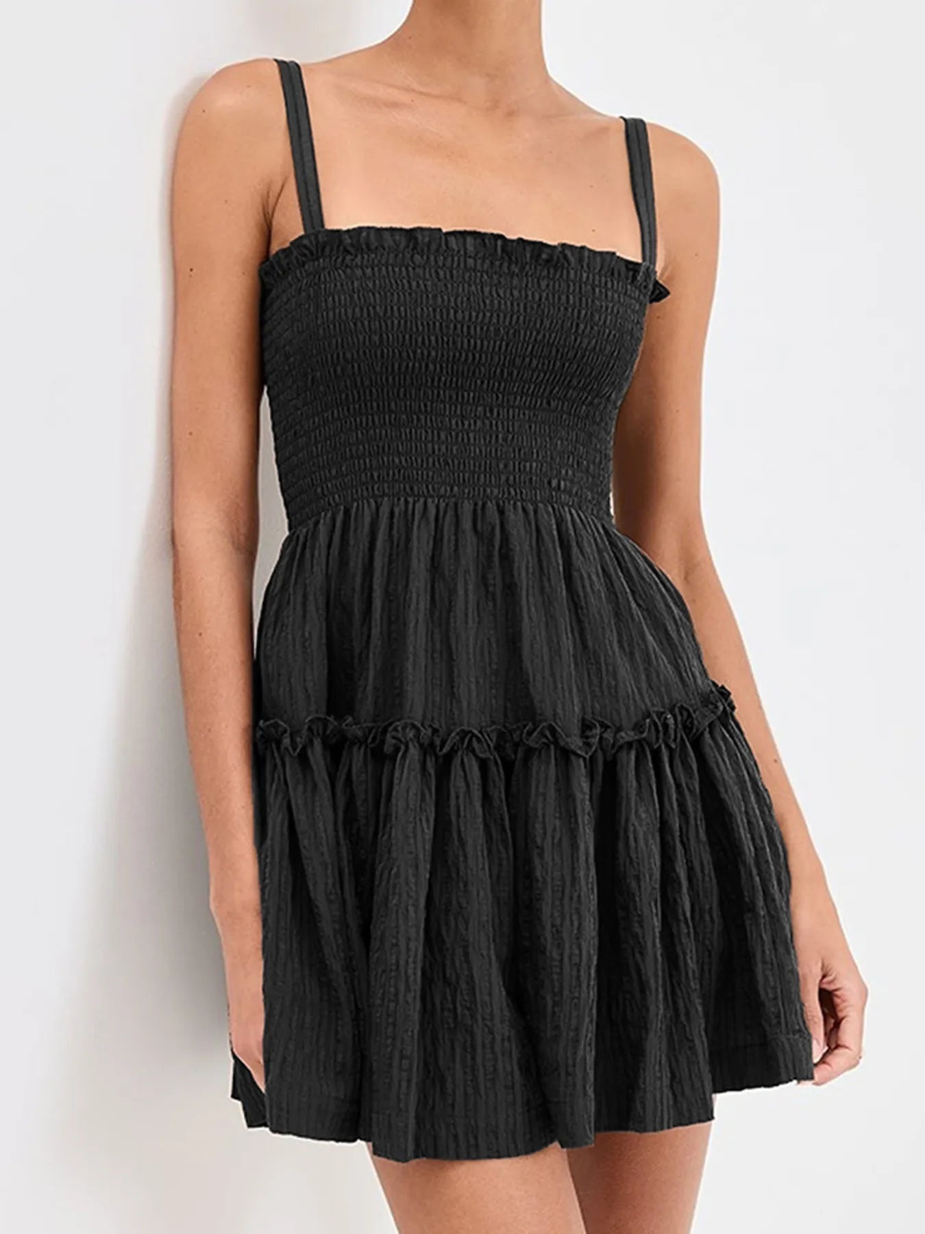 Smocked Square Neck Spaghetti Strap Tiered Ruffle Mini Dress