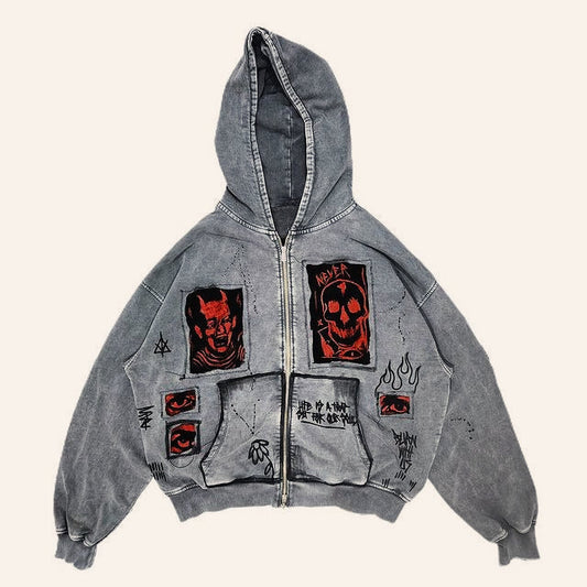 Heavy Washed Demon Print Hoodie