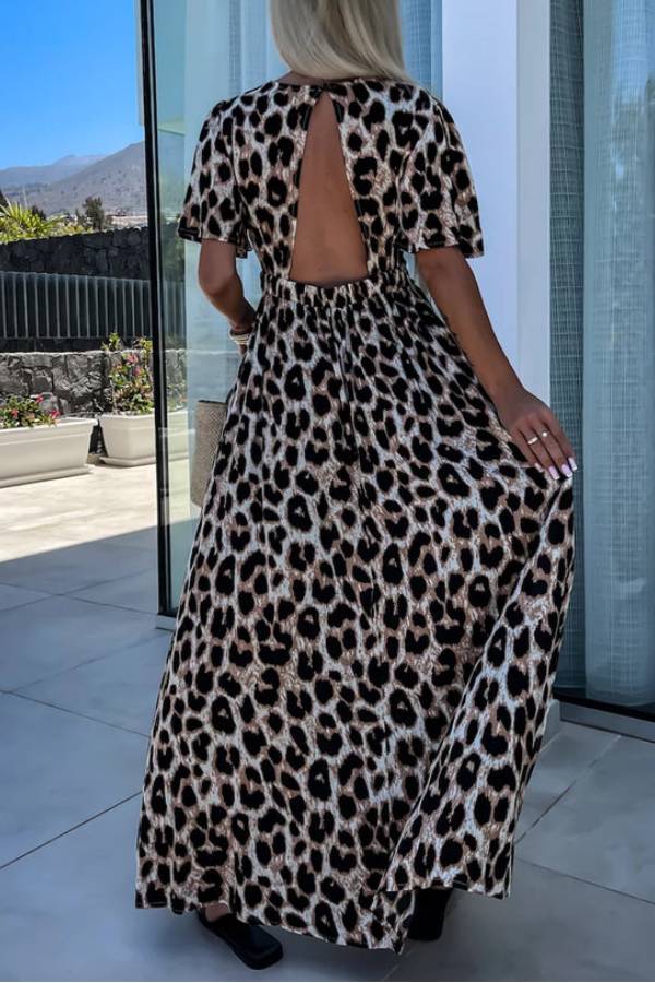 Khaki Leopard V Neck Cinched High Waist Open Back Maxi Dress