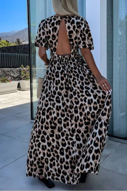 Khaki Leopard V Neck Cinched High Waist Open Back Maxi Dress