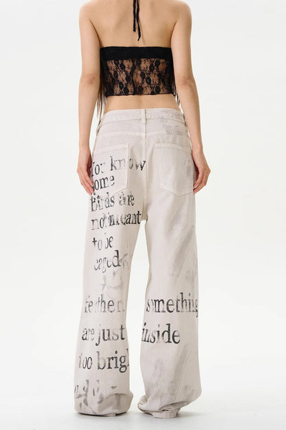 American Vintage Letter Graffiti Chic Slim Fit Jeans
