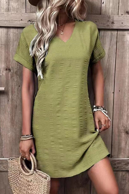Fashion sexy slim V-neck solid color short-sleeved dress