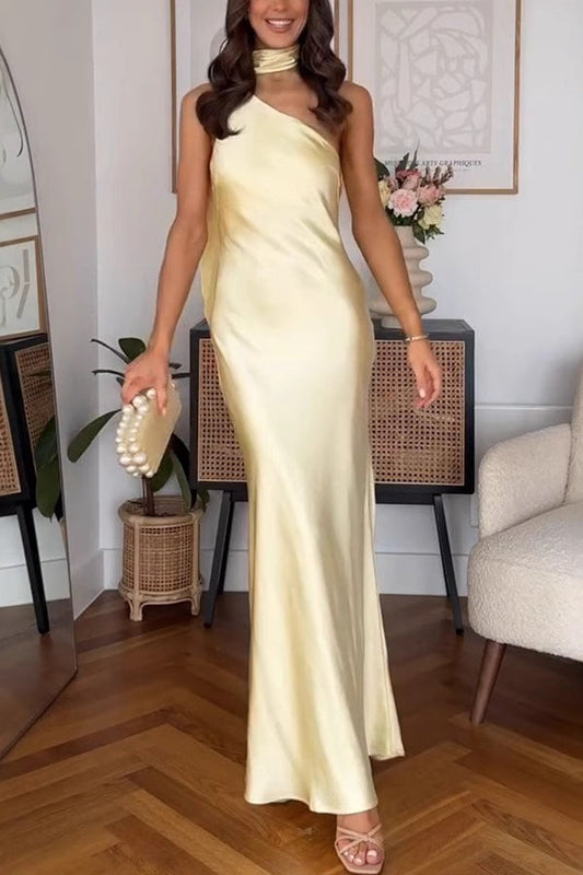 Sexy Asymmetrical Shoulder Tie Sleeveless Slim Solid Formal Dress