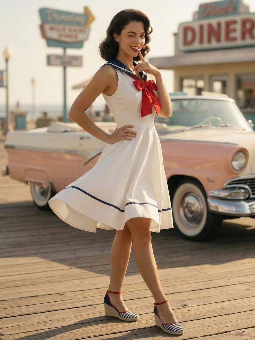 Sailor Collar Bow Knot Sleeveless Retro Swing A-Line Dress For Women 2026