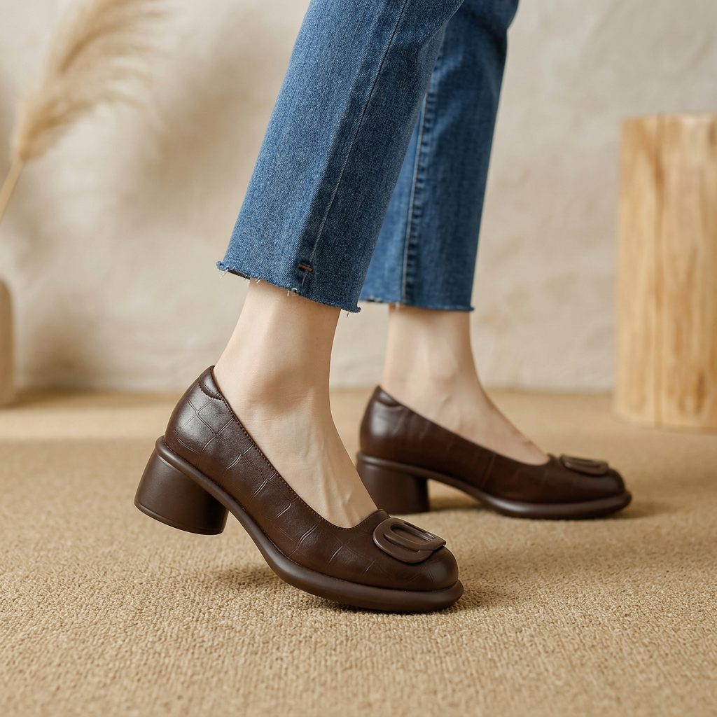 Women's Brown Closed-Toe Leather Shoes With Block Heels – Stylish Comfortable Footwear