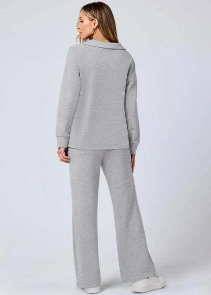Relaxed Collar Pullover & Wide-Leg Pants Set