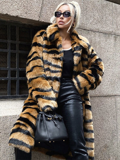 Faux Fur Coat Tiger Print Winter Midi Eco-friendly Fur Coat For Women 2026