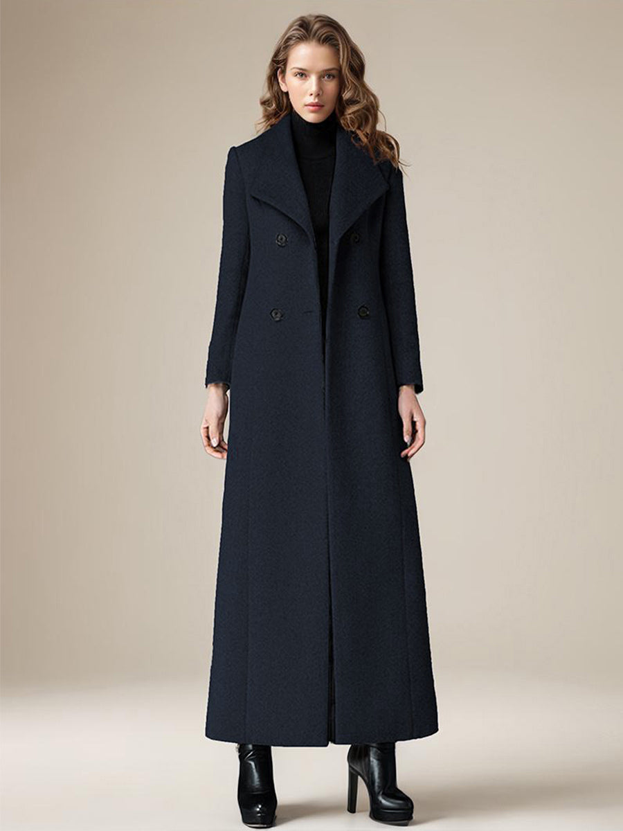 Woolen Coat For Women Turndown Collar Double-breasted Full Length Retro Wrap Coat Winter Outerwear 2026
