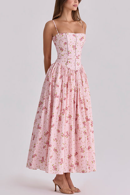 Romantic Countryside Stretch Cotton Blend Floral Print Cutout Trim Slip Midi Dress