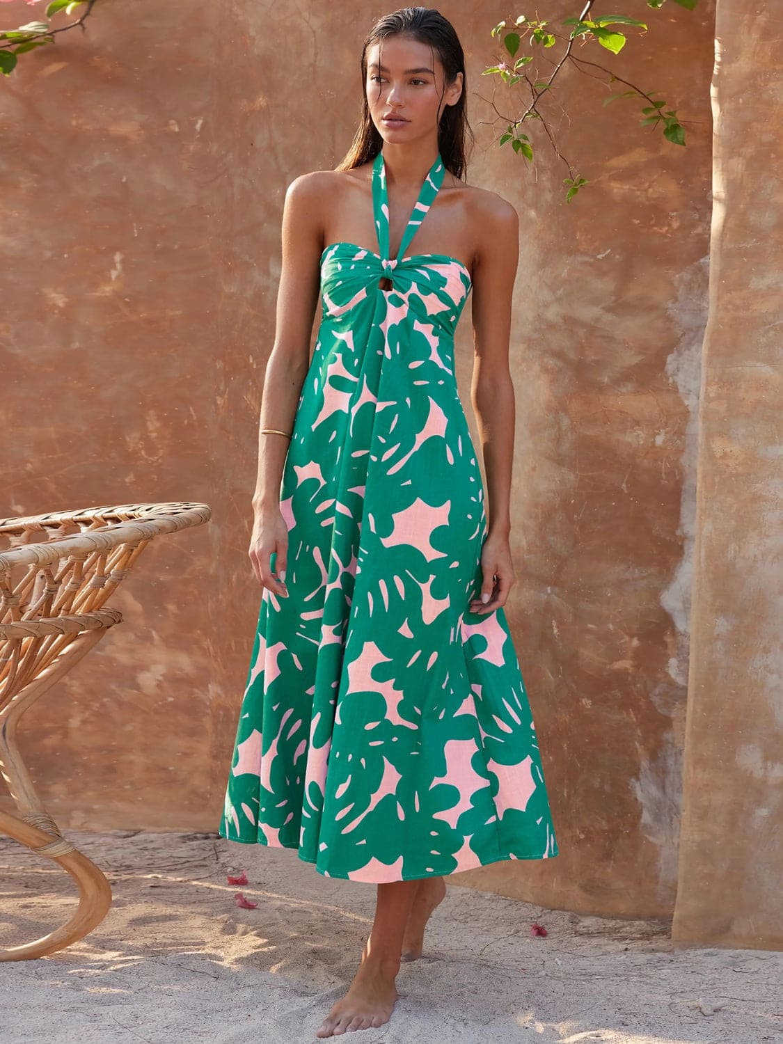 Tropical Leaf Print Halter Neck Gathered Bodice Midi Dress