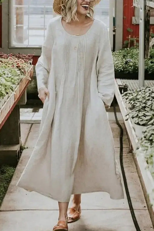 Round Neck Casual Loose Solid Color Long Sleeve Maxi Dress
